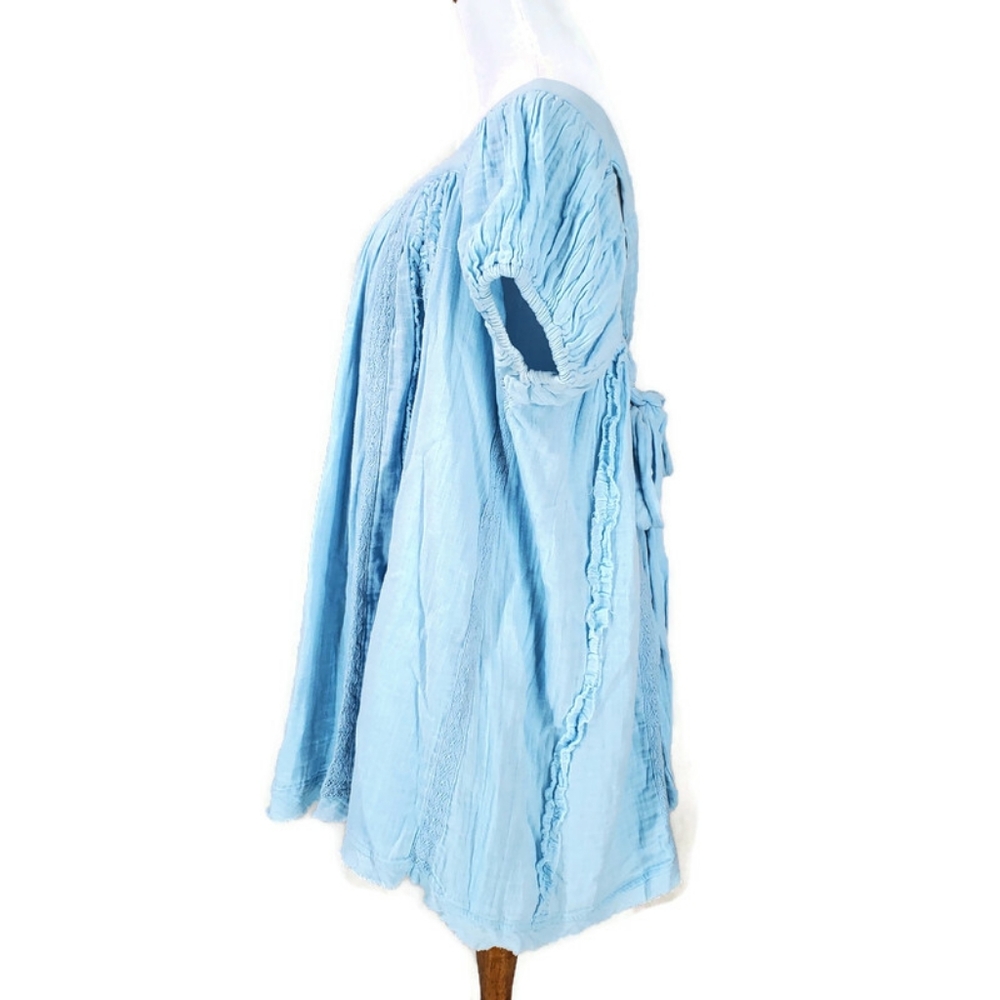 Free People Angele Gauzy Mini Dress Boho Summer Blue Oversized Puff Sleeve XS - Picture 4 of 15